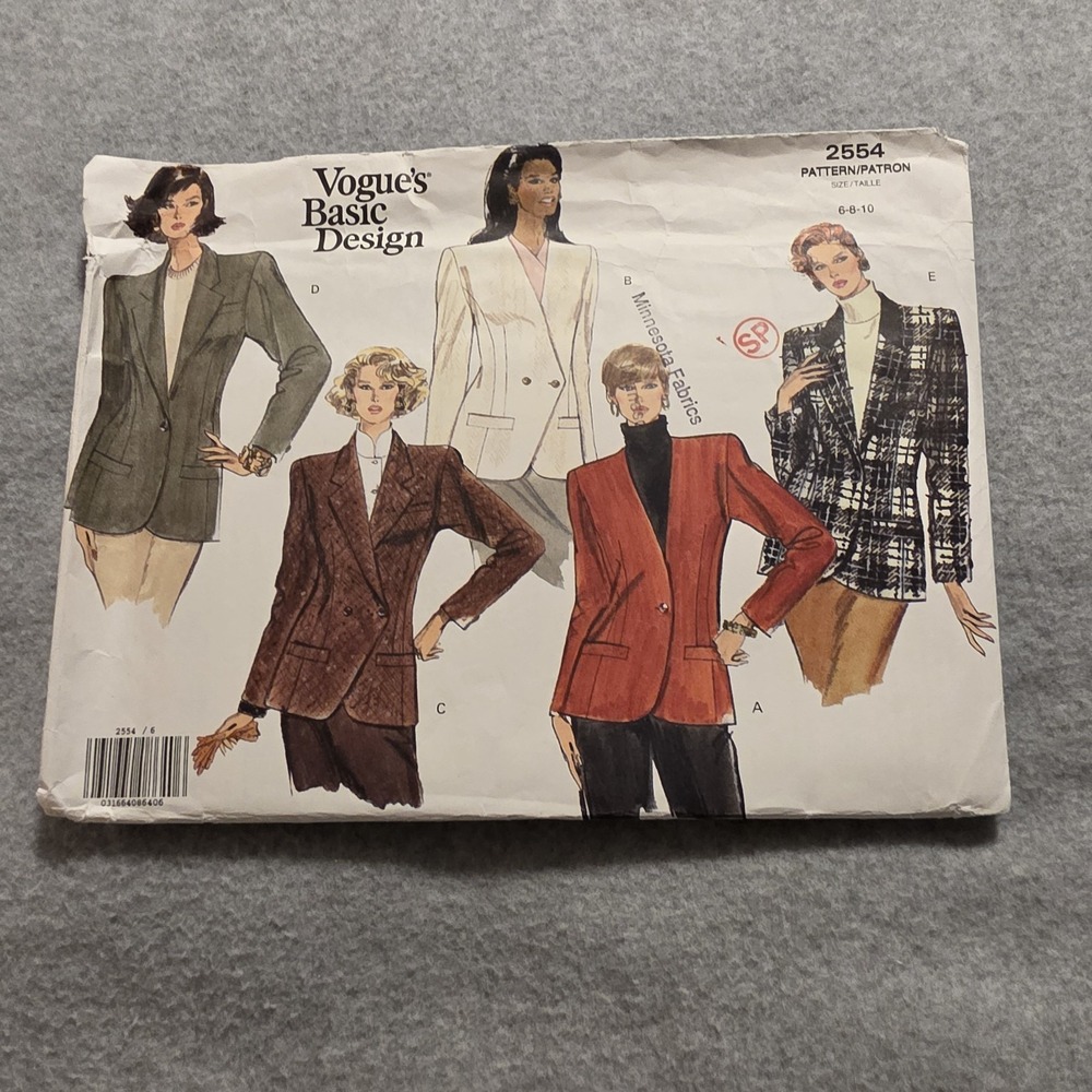 1990s Vogue Sewing Pattern 2554 - Women's Blazers - Size 6,8,10 - UNCUT